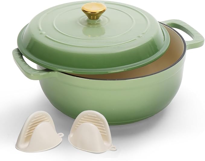 Dutch Oven Pot with Lid, 5 Quart Enameled Cast Iron Dutch Oven, Dual Handles, Kitchen Pots Oven Safe up to 500째F, Stovetop Compatible, Marinate, Cook, Bread Baking, Refrigerate & Serve, Green