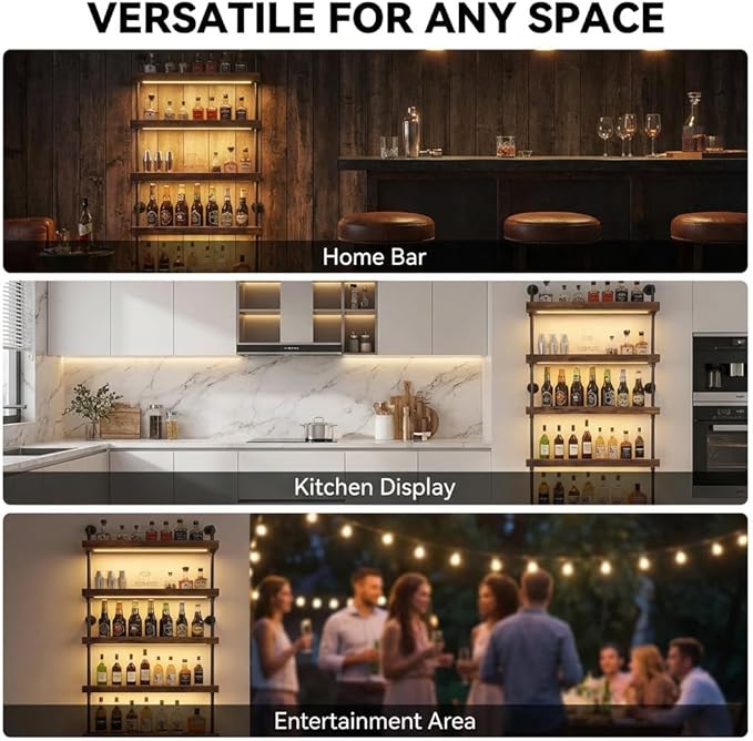 5-Tier Wall Mounted Wine Rack with LED, Floating Bar Shelves Liquor Bottle Organizer, Modern Display Shelf Holds 30+ Bottles, for Kitchen Wall, Home Bar, Restaurant (31.5INCH-LED)