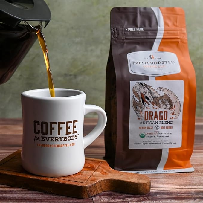 Fresh Roasted Coffee, Organic Drago Café Blend | USDA Organic, Kosher | Medium Roast 12 oz Whole Bean