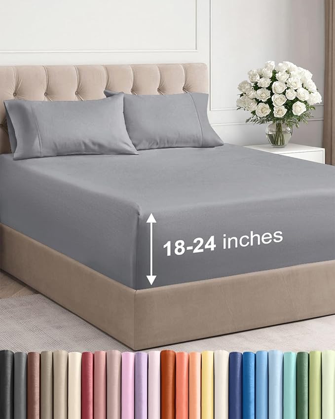 Extra Deep Pocket Cal King Sheets - 4 Piece Breathable & Cooling Bed Sheets - Hotel Luxury Sheet Set - Soft, Wrinkle Free & Comfy - Easily Fits Extra Deep Mattresses - Deep Pocket Steel Blue Sheets