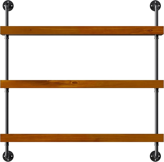 Industrial Wine Rack Wall Mounted, Solid Wood Shelf with Metal Pipe Brackets, 3-Tier Rustic Hanging Organizer for Wine Bottle Storage in Kitchen, Bar, Pub, Cellar(Walnut Brown, 48 Inch)