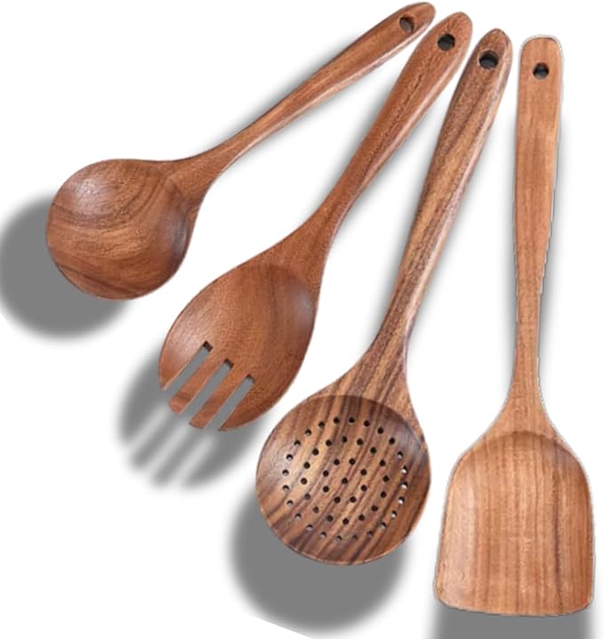 Premium Teak Wood Kitchen Utensils Set - 4 Pcs Wooden Spoons for Cooking - Non-stick Wooden Spatula - Heat Resistant - Non Toxic Kitchen Utensils - Home Cook or Chef's Gift -