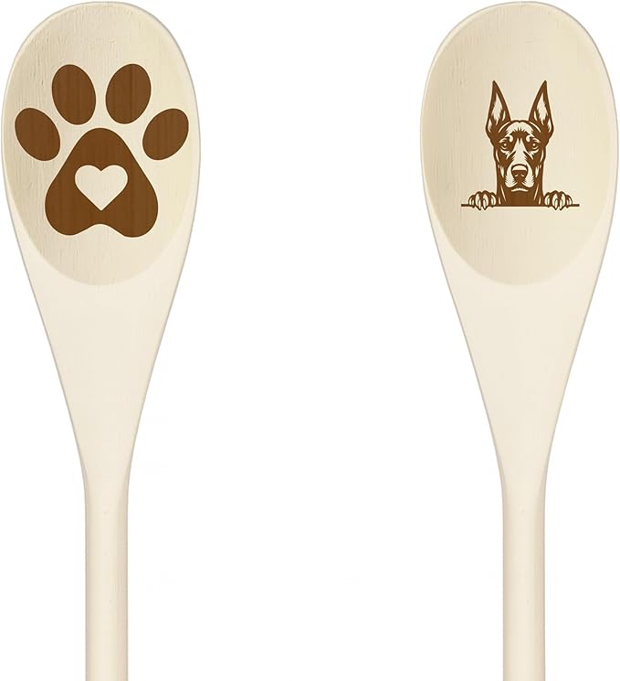 CATAHOULA-55 Wooden Spoons for Cooking, Serving or Decorative Kitchen Utensils Set Dog Lover Dog Mom/Dad Gift with Peeking Dog Designs, Paw Print and Dog Head, Kitchen Utensils Set of 2