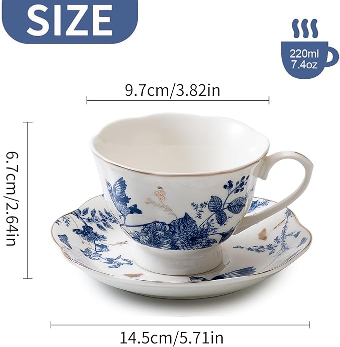 Tea Cup Set of 2, Coffee Cups with Saucers 7 Oz (200ml) Vintage Floral Porcelain with Gold Trim Teacups, Cappuccino Cup, Latte Mugs for Mother's Day, Party, Birthday Gifts