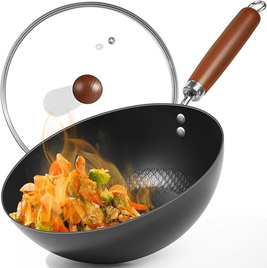 10.5-Inch Carbon Steel Wok ??Lightweight Flat-Bottom Stir-Fry Pan for 2?? Servings, Authentic Chinese Cooking, 2-Piece Set