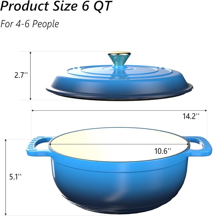 VINGLI 6QT Enameled Cast Iron Round Dutch Oven Pot with Lid, NonStick Casserole Pot with Dual Handles & Silicone GlovesRed, Oven Safe up to 500째F or on Stovetop, Dutch Oven for Bread Baking, Blue