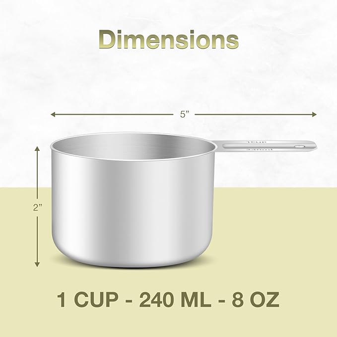 BERYLER 2PCS 1Cup (240ml, 8oz) Single Measuring Cup, Etched Inner Scale Stainless Steel Measure Scoop, Metric and US Measurement, Dishwasher Safe