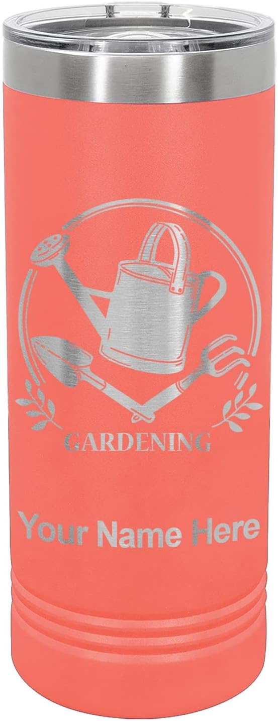 LaserGram 22oz Vacuum Insulated Skinny Tumbler, Gardening, Personalized Engraving Included (Coral)