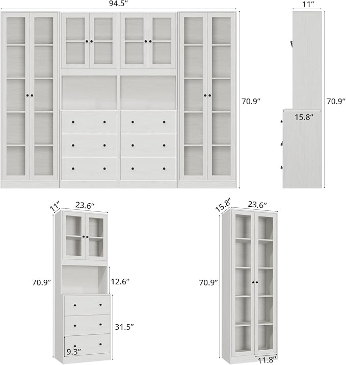 VOWNER 4PCS Bookshelf and Bookcase, 5-Tier Modern Bookshelves with 3 Large Drawer, Glass Display Cabinet with Lager Storage Shelf, Combination Storage Shelves for Home Office, White (BBCC)