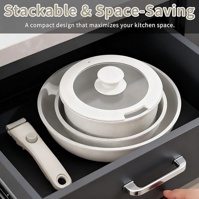 Pots and Pans Set, Non Stick Cookware With Detachable Handle - 7-Piece Stackable Cookware Set Includes 3.35in Milk Pot, 1.97in Frying Pan,3.15in Deep Frying Pan, Easy to Clean, Induction Compatible