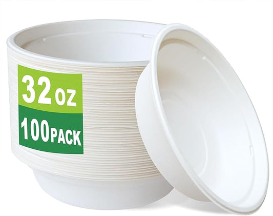 GreenWorks 100 Count 32 OZ Compostable Bowls, White Biodegradable Bagasse and Bamboo fiber Paper Bowls