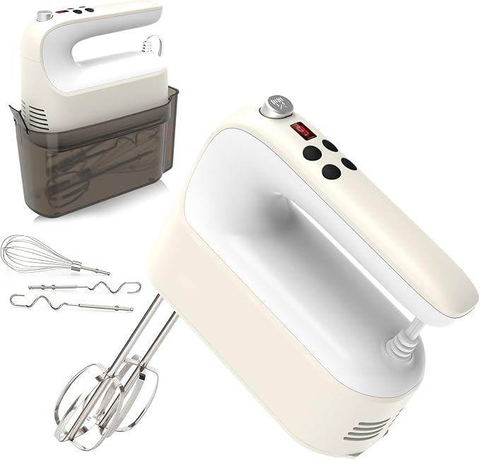 9-Speed Digital Hand Mixer Electric, 400W Powerful DC Motor, Baking Handheld with Snap-On Storage Case, 5 Stainless Steel Accessories, Flat Beaters, Dough Hooks, Whisk(Cream White)