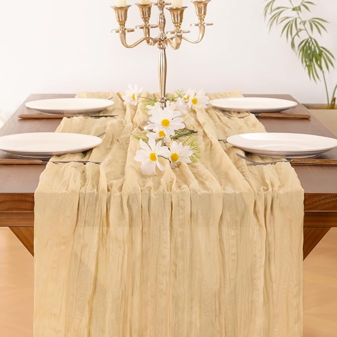 Socomi 3pcs Gold Champagne Cheesecloth Table Runner Valentine's Day Boho Rustic Gauze 120 inch 10FT Cheese Cloth Runner for Wedding Party Baby Shower Birthday Home Decor Holiday Decorations