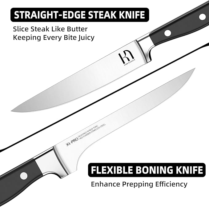 Knife Set, 15 Pcs Kitchen Knife Block Set, Enduring Razor-Sharp Japanese High Carbon Stainless Steel Chef Knife Set with Block and Sharpener, Premium Black Knives Set for Kitchen