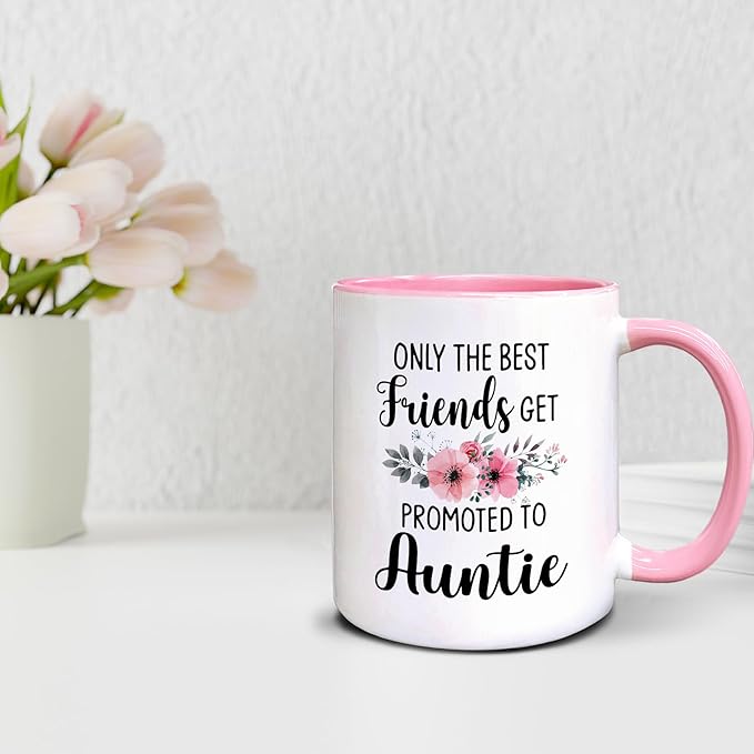 QASHWEY Auntie to Be Gifts Coffee Mug, Funny Pregnancy Announcement Gifts for Best Friend NewAuntie, Get Promoted to Auntie Double Side Printed Ceramic Mug Cup 11 Ounce(Pink)