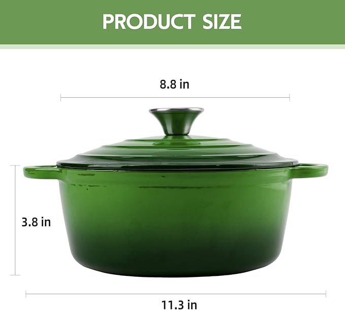3 Quart Dutch Oven Enameled Cast Iron with Lid - Big Dual Handles - Oven Safe up to 500째F - Classic Round Pot for Versatile Cooking Green