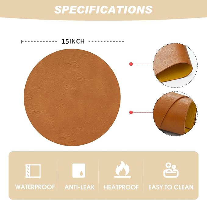Artoid Mode Rust Faux Leather Placemats Set of 4, 15 Inch Waterproof Wipeable Heat Resistant Place Mats, Reversible Table Mats for Fall Kitchen Dining Decor