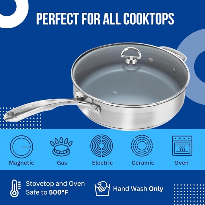 Chantal Induction 21 Steel 5 quart NonStick Saute Pan with Tempered Glass Lid, Ceramic Non Stick, Brushed Stainless Steel