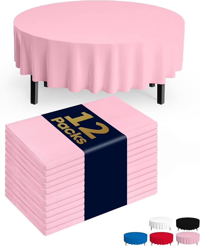 Pureegg Plastic Table Cloth Disposable 12 Pack, 84'' Round Table Cloths, Easter Party, Valentines, Mothers Day Decorations, Tablecloths, Round, Pastel Plastic Cover, Leakproof & Sturdy, Pink