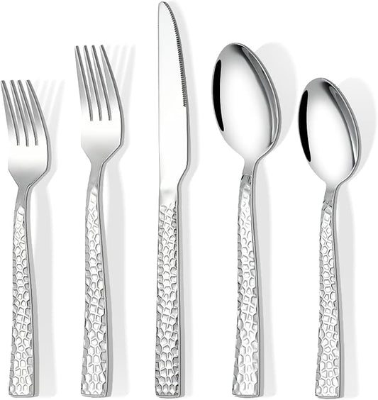 20-Piece Silverware Set, Hammered Stainless Steel Flatware Set for 4, Kitchen Utensil Cutlery Set Include Forks and Spoons Knives Flatware Set, Mirror Finish & Durable, Dishwasher Safe