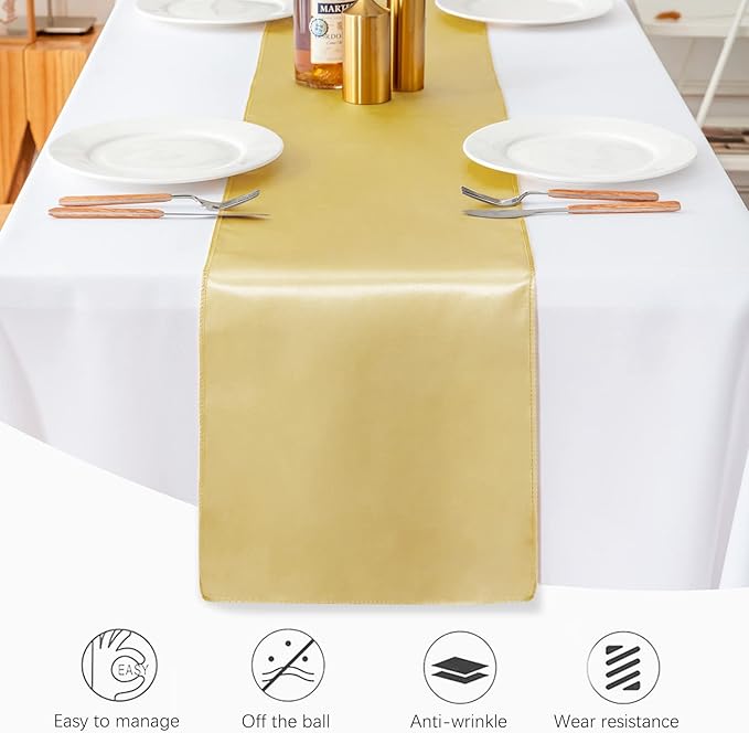 JEVIX 10 Pack Satin Table Runner 12 X 108 Inch Silk Table Runner for Party,Wedding, Birthday, Banquets,Decoration(Light Gold)