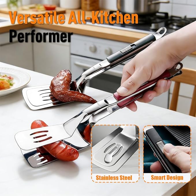 2-in-1 Stainless Steel Grill Clamp & Spatula Tongs ??Heavy Duty BBQ Cooking Utensil with Secure Sliding Lock Handle, for Grilling, Flipping, Serving ??Outdoor & Indoor Kitchen Tool Set (2 Pcs) (Gray)