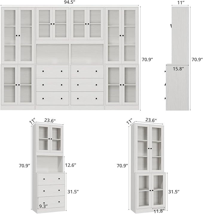TUSY 71'' H Kitchen Hutch Storage Cabinet, 5-Tier Pantry Cabinet, Buffet Hutch with Drawers, China Cabinet with Glass Doors, Storage Cabinets for Dining Room, Kitchen, Living Room (White)