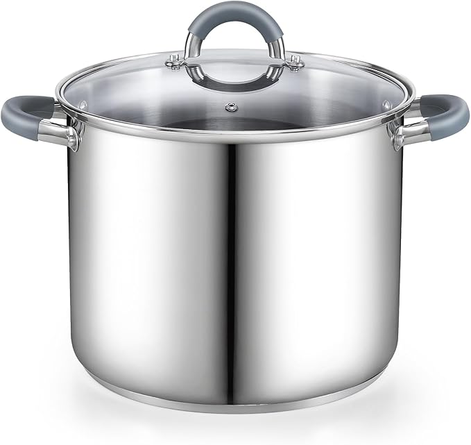 Cook N Home Stockpot with Lid, 8-Quart Basic Stainless Steel Pasta Cooking Soup Pot, Stay-Cool Silicone Handles