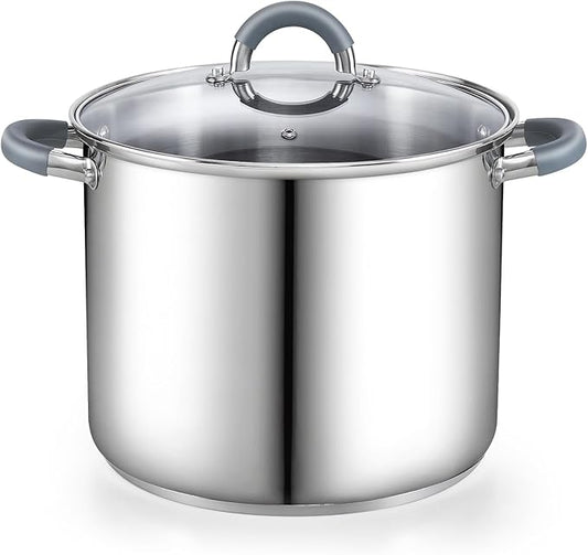 Cook N Home Stockpot with Lid, 8-Quart Basic Stainless Steel Pasta Cooking Soup Pot, Stay-Cool Silicone Handles