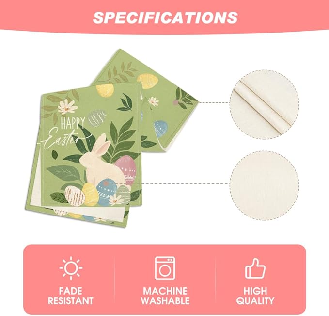 Artoid Mode Green Bunny Eggs Leaves Flowers 210 GSM Easter Table Runner, Seasonal Spring Kitchen Dining Table Decoration for Home Party Decor 13x72 Inch