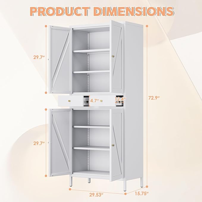 METAN Kitchen Pantry Storage Cabinet with 2 Drawers for Kitchen,Living Room,Metal Storage Cabinets with 4 Adjustable Shelves,Assembly Required,White