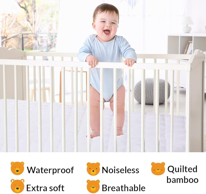 Mini Crib Mattress Protector 100% Waterproof, Noiseless ??Viscose Made from Quilted Ultra Soft White Terry Fitted Sheet Style (27?�X39??