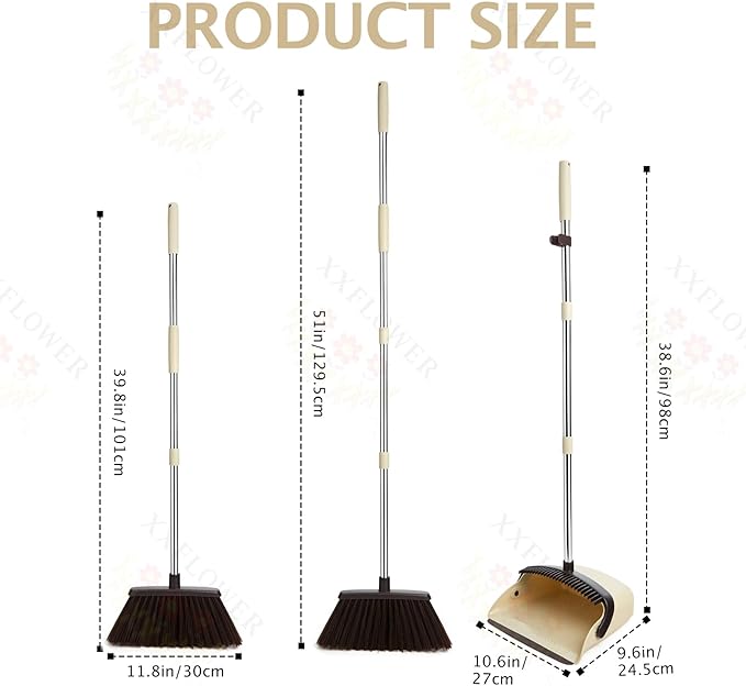Broom and Dustpan Set with Long Handle, Heavy Dust Broom and Dustpan Combo for Home竊똊itchen, Office, Pet Hair(Beige)