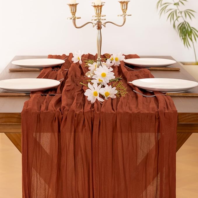 Socomi Terracotta Valentine's Day Fall Cheesecloth Table Runner Boho Rustic Farmhouse Gauze 120 inch 10FT Cheese Cloth Runner for Wedding Party Baby Shower Birthday Home Decor Holiday Decorations
