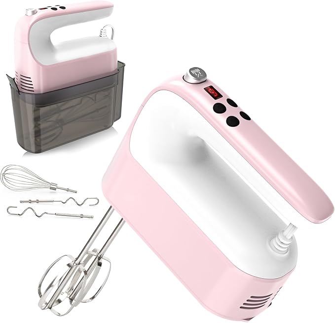 9-Speed Digital Hand Mixer Electric, 400W Powerful DC Motor, Baking Handheld with Snap-On Storage Case, 5 Stainless Steel Accessories, Flat Beaters, Dough Hooks, Whisk(Pink/White)