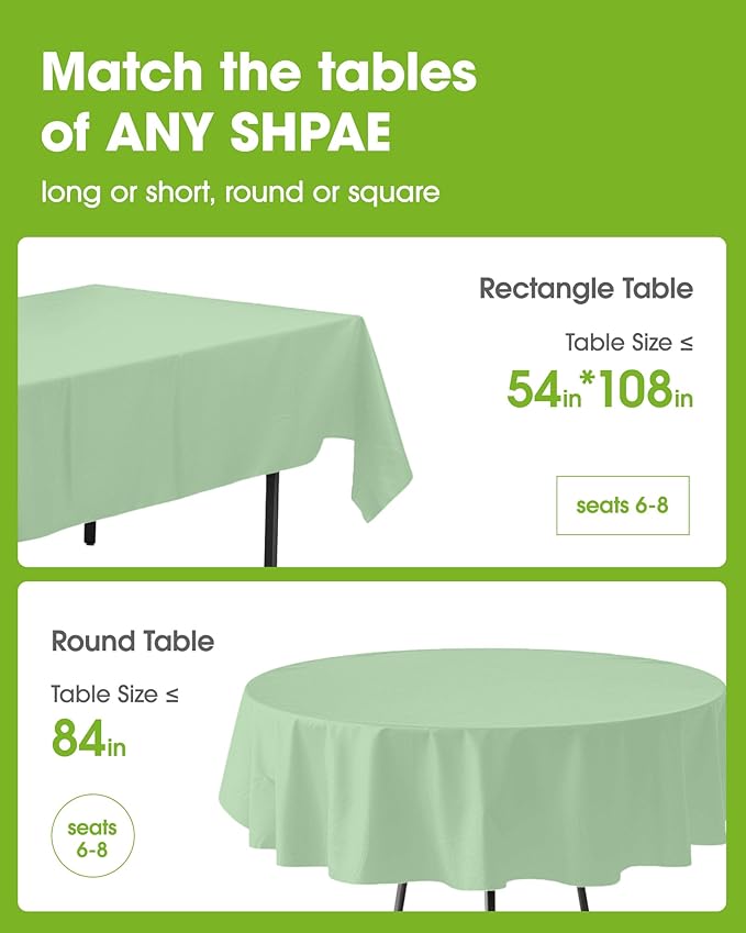 Pureegg Plastic Table Cloth Disposable 12 Pack, 54 x 108 Inch Table Cloths, Easter Party, Decorative Tablecloths, Rectangle, Light, Pastel Plastic Cover, Leakproof & Sturdy, Sage Green