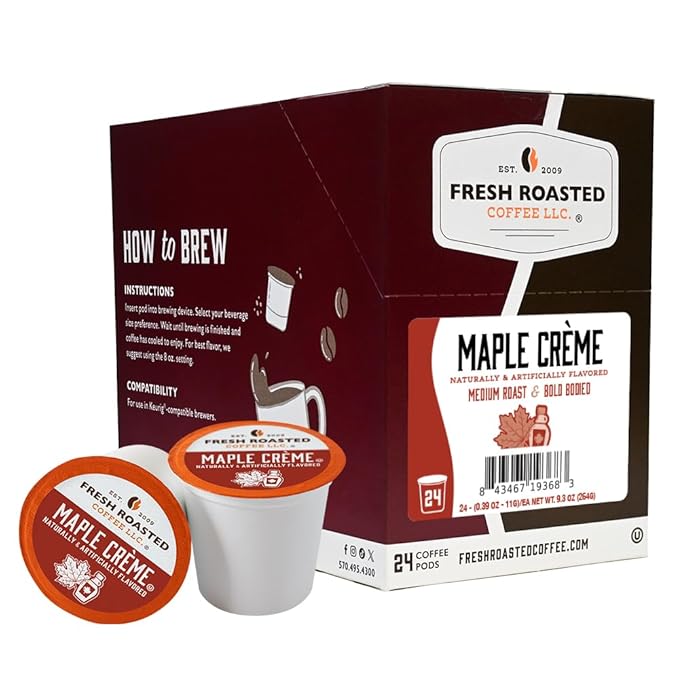 Fresh Roasted Coffee, Maple Cr챔me, Flavored Coffee Pods, 24 Count