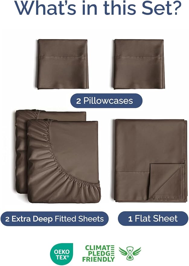 Extra Deep Pocket Split King Sheets - 5 Piece Breathable & Cooling Bed Sheets - Hotel Luxury Bed Sheet Set - Soft, Wrinkle Free & Comfy - Easily Fits Extra Deep Mattresses - Deep Pocket Brown Sheets