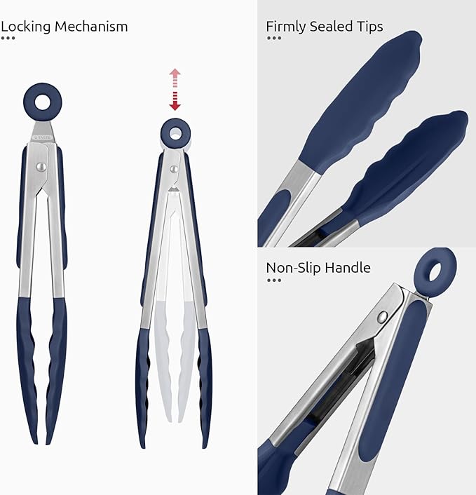 600쨘F Heat Proof Kitchen Tong: U-Taste 7" Silicone Cooking Tong with Firm Sealed Non Stick Rubber Tips & Silicon Coated 18/8 Stainless Steel Handle & Smooth Locking for Serving Salad (Midnight Blue)