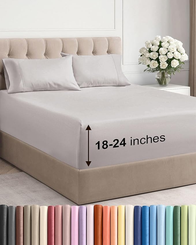 Extra Deep Pocket Queen Sheet Set - 4 Piece Breathable & Cooling Bed Sheets - Hotel Luxury Sheet Set - Soft, Wrinkle Free & Comfy - Easily Fits Extra Deep Mattresses - Deep Pocket Light Grey Sheets