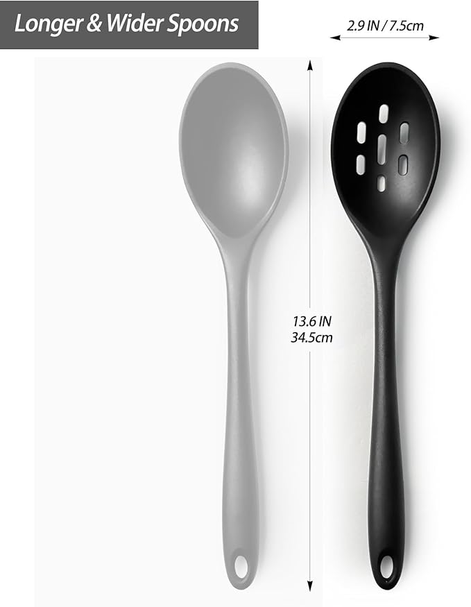 Silicone Slotted Spoons for Cooking - Extra Large Kitchen Spoons for Mixing, Serving, & Stirring - 600째F Heat-Resistant Non Stick Utensils Skimmer- Dishwasher Safe, Black