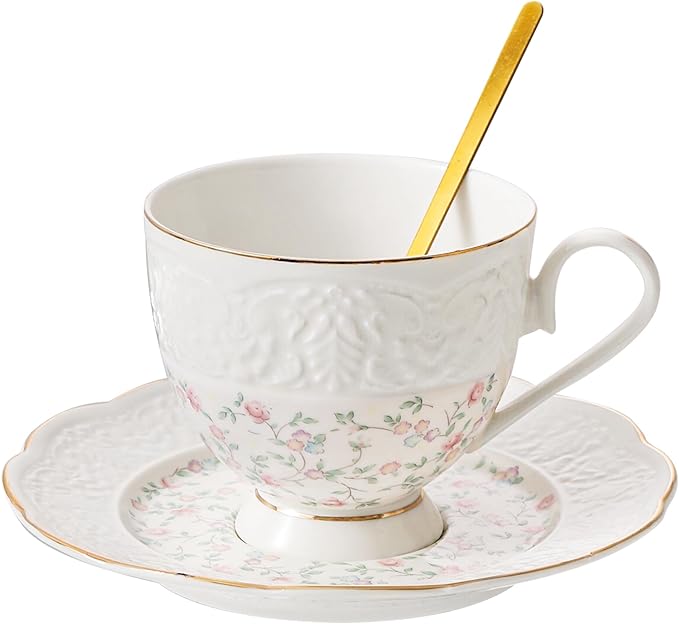 TATSUMI Interglio Embossed Bone China Tea Cup and Saucer Set, 3 Pieces Vintage Style Coffee Cup & Saucer Set For Women Wedding Gift (Starlight Pink, 1 set)