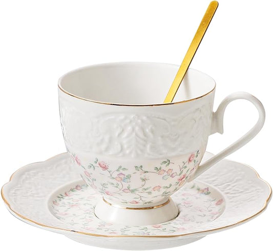 TATSUMI Interglio Embossed Bone China Tea Cup and Saucer Set, 3 Pieces Vintage Style Coffee Cup & Saucer Set For Women Wedding Gift (Starlight Pink, 1 set)