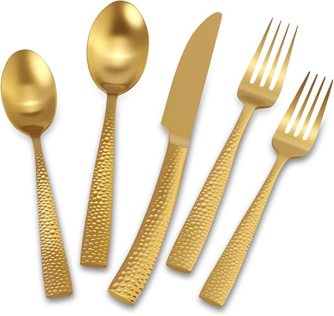 Matte Gold Hammered Flatware Set Stainless Steel Silverware Set 20 Pieces Cutlery Set for Home Kitchen Restaurant Hotel Housewarming Wedding Gift Service for 4