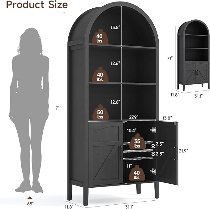 ONBRILL 71" Tall Arched Bookshelf, 5-Tier Arched Bookcase with Door & Storage Cabinet, Farmhouse Display Bookshelf Cabinet with Adjustable Shelf, Freestanding Wood Bookcase for Home Office, Study