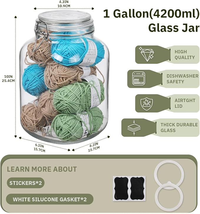 2 Pack 1 Gallon Clear Glass Jars with Airtight Screw Lid Wide Mouth Mason Jars Empty Food Containers with Airtight Screw Lid for Sauerkraut and Cookies (Glass Lid)