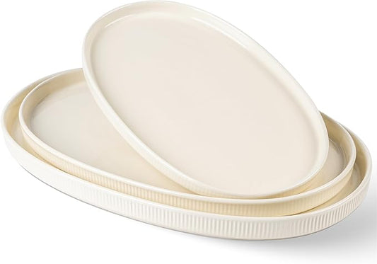 theterra Ceramic Serving Platter, 15.6"/14.4"/12.2" Oval Serving Dishes for Entertaining, Oven Safe, Microwave Safe, Serving Plates Set of 3 for Wedding, Party, Turkey, Beige