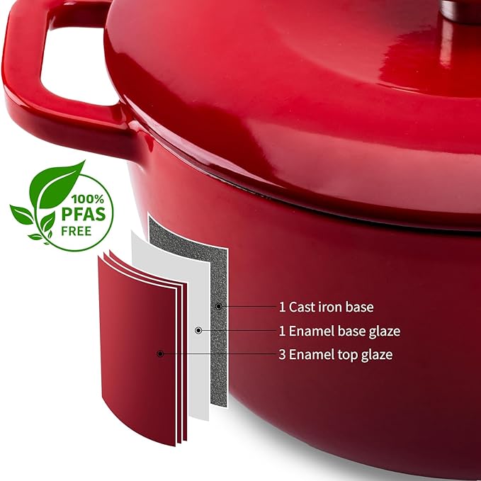 Enamel Cast Iron Dutch Oven with Lid,Dual Handles,Heavy-Duty Cookware for Sourdough Bread Baking,Braising,Stews,Roasting,Oven Safe up to 500째 F,7QT,red