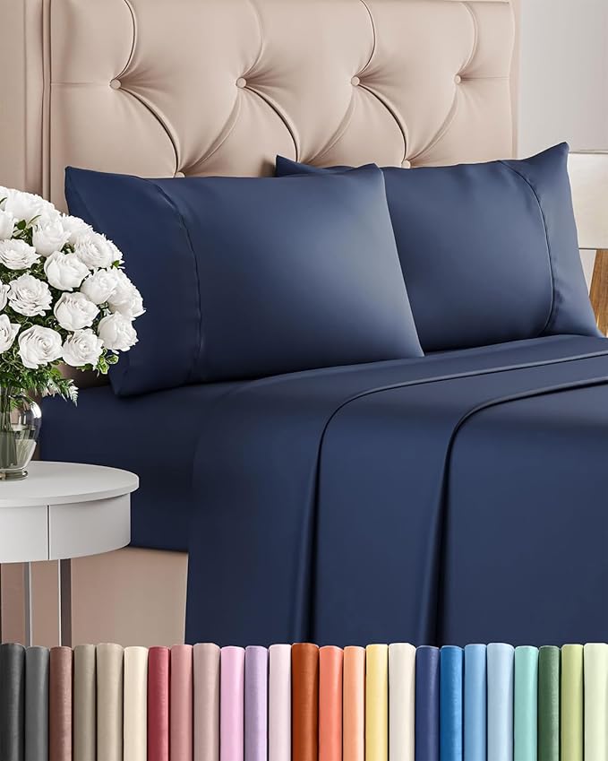 Twin 4 Piece Sheet Set - Cooling and Breathable Bed Sheets - Hotel Luxury Bed Sheets for Women, Men, Kids & Teens - Bedding with Deep Pockets & Easy Fit - Soft and Wrinkle Free - Twin Navy Blue Sheets