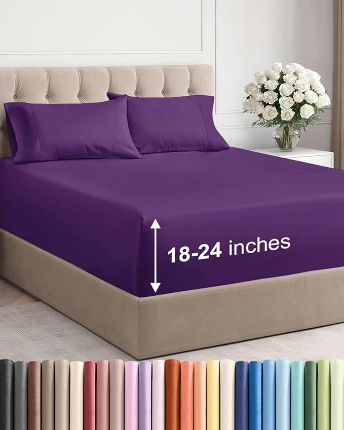 Extra Deep Pocket Cal King Sheets - 4 Piece Breathable & Cooling Bed Sheets - Hotel Luxury Bed Sheet Set - Soft, Wrinkle Free & Comfy - Easily Fits Extra Deep Mattresses - Deep Pocket Purple Sheets